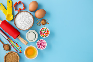 Baking cake on blue background