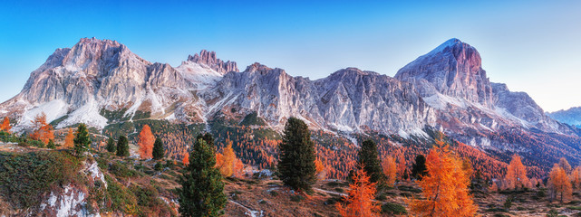 Tofana di Rozes mountain ridge. Region Trentino Alto Adige, South Tyrol, Veneto, Italy. Dolomite Alps, famous travel destination in Europe. Vicinity of village Cortina D'Ampezzo and lake Limides.