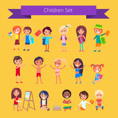 Children Set Isolated Illustration on Light Orange