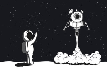 Lunar module launch,landing on Moon.Astronaut welcomes their.Space vector illustration