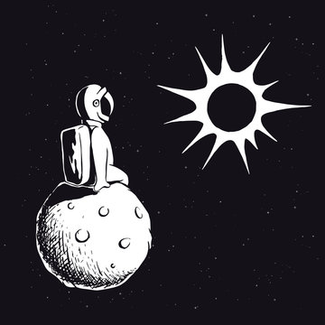 Astronaut on planet watches to sun.Spaceman explore universe.Vector illustration