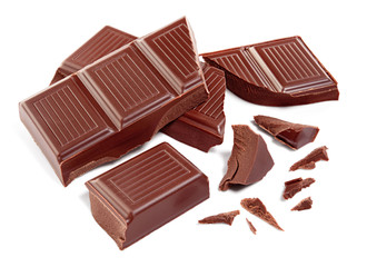 Chocolate bar isolated. Broken chocolate bar. Chocolate pieces on white background. With clipping path.
