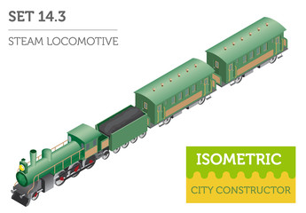 3d isometric retro railway with steam locomotive and carriages. Сity map constructor elements. Build your own infographic collection © a7880ss