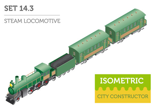 3d isometric retro railway with steam locomotive and carriages. Сity map constructor elements. Build your own infographic collection