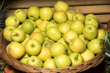 Bunch of green apples in supermarket