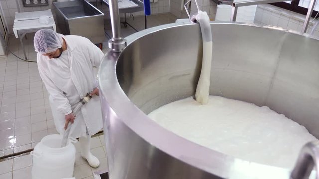 Filling tank with fresh ricotta cheese- Diary cheese factory