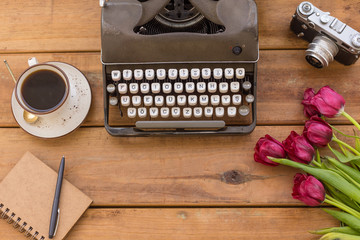 Writer flatlay. Retro typewriter, vintage film camera, coffee, n - Powered by Adobe