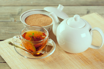 Cup of tea on wooden table