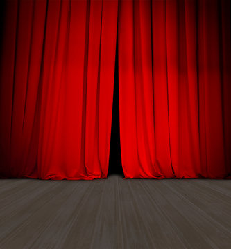 theater red curtain slightly open and wood stage or scene