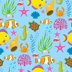Animaux marins drôles aquatiques créatures sous-marines personnages de dessins animés shell aquarium sealife transparente motif de fond illustration vectorielle.