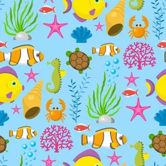 Gordijnen Aquatische grappige zeedieren onderwater wezens stripfiguren shell aquarium sealife naadloze patroon achtergrond vectorillustratie. © Vectorwonderland
