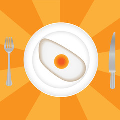 Top view of fried eggs for breakfast on plate, with fork and knife