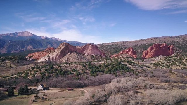 An aerial view of Garden of the Gods in Colorado Springs, Colorado.