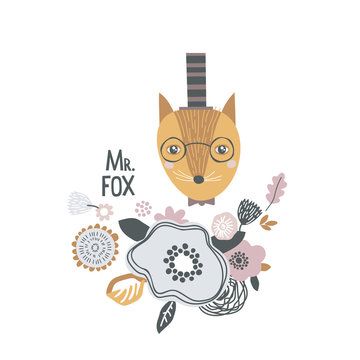 Mr. Fox with flowers. Childish picture.
