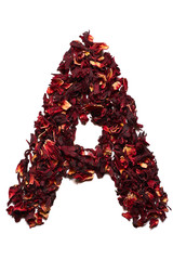 English alphabet. Letter A from dried flowers of hibiscus tea on a white background. Letters for banners, advertisements