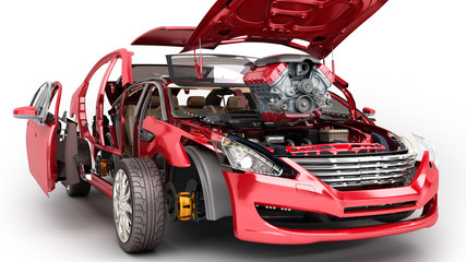 Fototapeta Details of the red car on a white background 3D render obraz