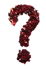 English alphabet. Letter Question mark from dried flowers of hibiscus tea on a white background.