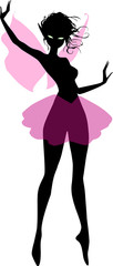 Cute cartoon black and white silhouette illustration of an elegant elf girl with magic pink wings