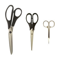 A set of scissors of different types. Vector illustration. Tailor, for manicure and pedicure, for paper and office.