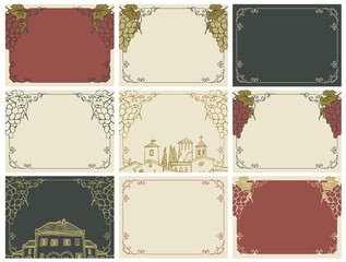 Vector set of labels or cards with frames, vines, bunches of grapes and old european buildings in retro style. Background for text with vines.