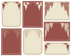 Vector set of labels or cards with frames, vines and bunches of grapes in retro style. Background for text with vines.