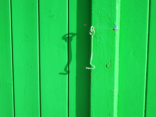 little green hook on a wooden green door