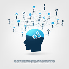 Abstract Machine and Deep Learning, Artificial Intelligence, Cloud Computing and Networks Design Concept with Icons and Human Head