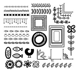 Set of hand drawn borders, frames, corners, design elements in scandinavian style.