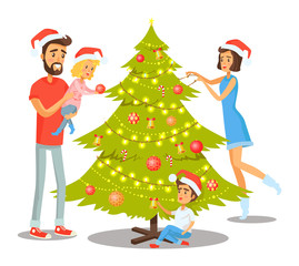 Family Decorating Tree Vector Illustration
