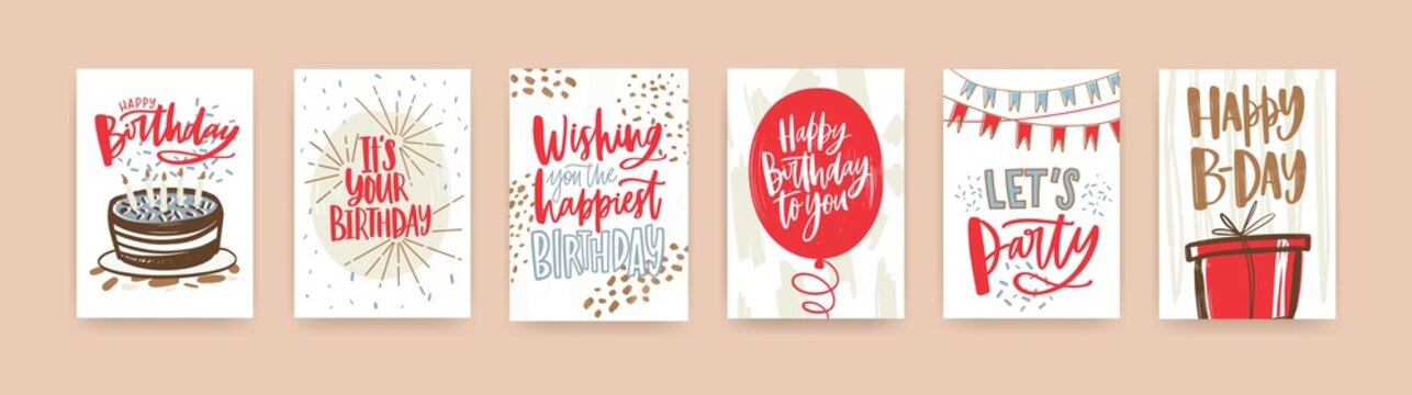 Bundle of birthday greeting card, postcard or party invitation templates decorated with handwritten b-day wishes and festive elements - gift, balloon, confetti, cake. Hand drawn vector illustration.