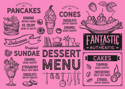 Dessert restaurant menu. Vector food flyer for bar and cafe. Design template with vintage hand-drawn illustrations.