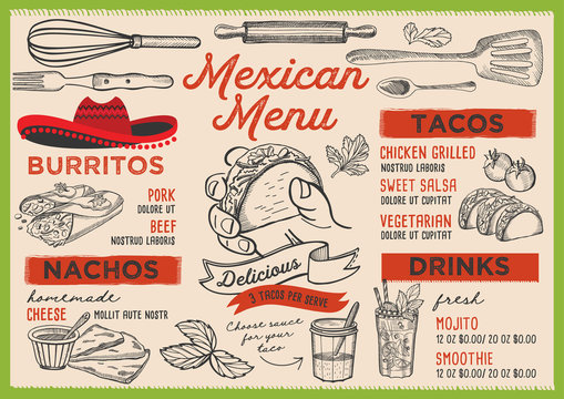 Mexican restaurant menu. Vector food flyer for bar and cafe. Design template with vintage hand-drawn illustrations.