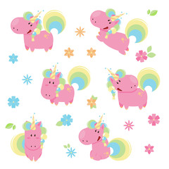Vector illustration of cute pink unicorns in different poses