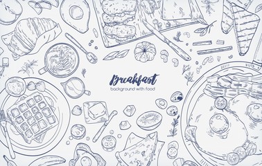 Monochrome horizontal banner with various healthy morning food and breakfast meals hand drawn with contour lines on white background - fried eggs with bacon, toasts, waffles. Vector illustration.