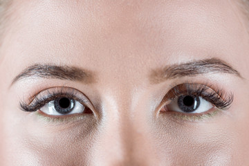 Close-up view of grey female eyes with long eyelashes