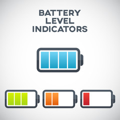 Illustration of battery level indicators. Battery life, accumulator, battery running low, battery recharging vector.