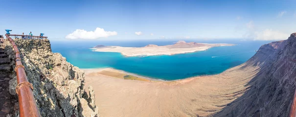 Poster Panorama of La Graciosa island, aerial view from Mirador del Rio in Lanzarote, Canary islands, Spain © Delphotostock