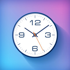 Fototapeta na wymiar Realistic simple Clock in flat style with numbers, watch on purple and blue background. Business illustration for you presentation. Vector design object