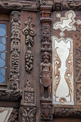 Saverne. Bois sculpté sur la maison Katz, Monument historique, Alsace. Bas Rhin. Grand Est 