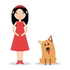 Illustration of a Little Girl with her Pet Dog
