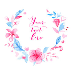 Watercolor romantic wreath with flowers, leaves, diamond and feather.  It's perfect for wedding card.