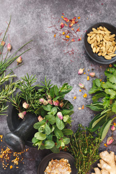 Freshly picked culinary herbs in a mortar on dark background. Top view, blank space