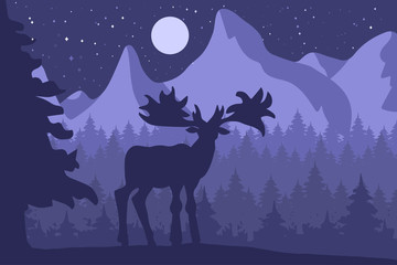 Obraz na płótnie Canvas Elk in the night coniferous forest near the mountains