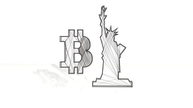 3d black wireframe spin and assemble into a 3d bitcoin symbol and The Statue of Liberty. 4k 3d clean animation on white background