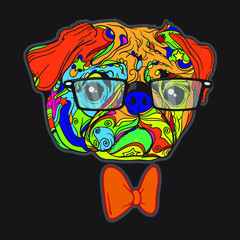 Vector of colorful and funny dog face with black glasses. Isolated on black background. Ornament design.