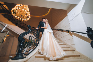 A wedding dress with a long train. A couple of newlyweds are standing on the stairs in a luxurious...