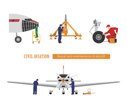 Repair and maintenance of aircraft. Engineers repairing airplane. Industrial drawing. Plane hangar. Vector illustration