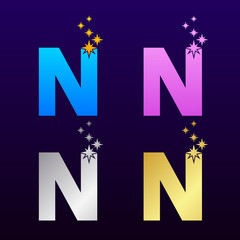 Letter N Colorful and Gold Silver with Sparkles light Eight point stars logotype, Beautiful Luxury, Fashion, Jewelry, Beauty Salon, Cosmetics, Spa, Resort, Magician Logo for your Corporate identity