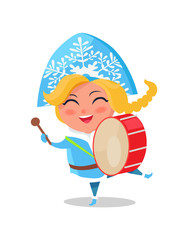 Snow Maiden Play Drums Vector Illustration Cartoon