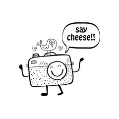 Say cheese text balloon with cute cartoon camera